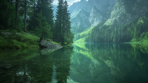 Mountain lake reflects dense evergreen forest under misty peaks