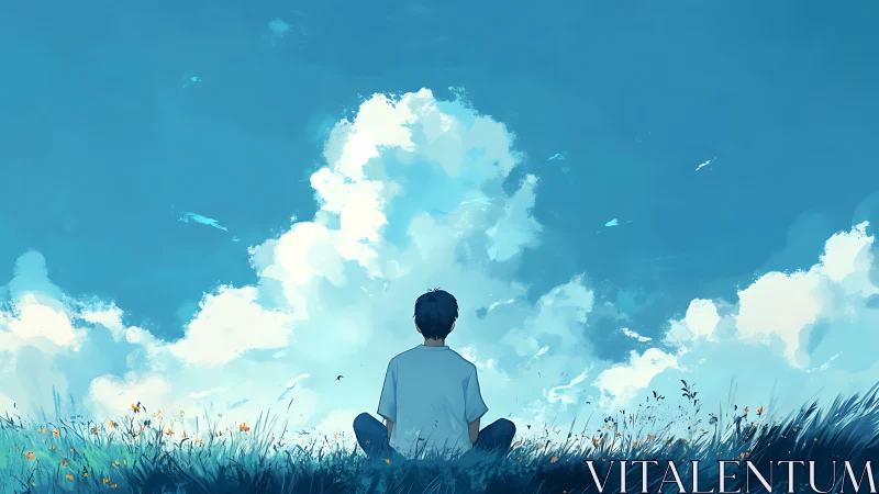 Solitary figure sits in grass observing expansive clouded sky