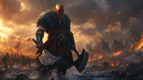 Viking warlord stands over burning battlefield at dusk.