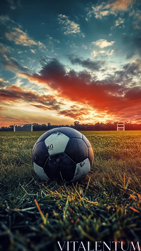Weathered soccer ball rests on field under fiery sunset sky