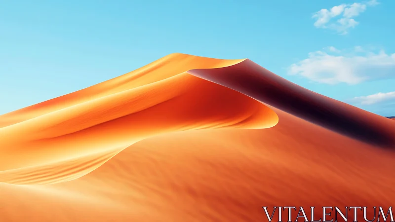 Sunlit desert dunes curve beneath a brilliant blue sky.