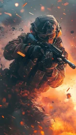 Focused soldier strides through firelit battlefield chaos.