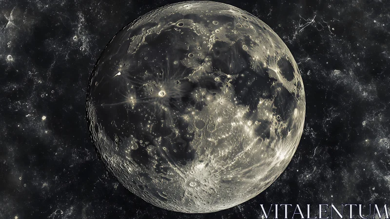 Lunar surface close-up against star field in deep space.