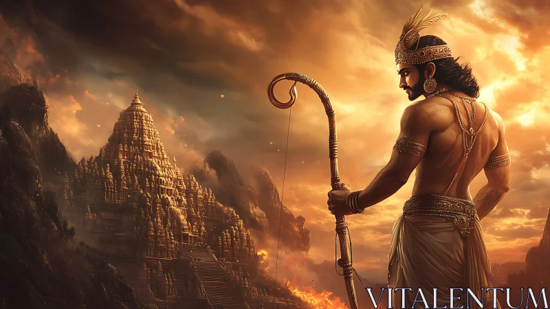 Sun-forged archer guards a golden temple at the valley’s edge