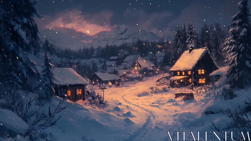 Digital painting of alpine winter village with warm cabin lights.