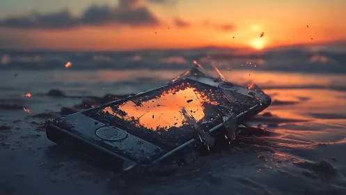 Broken smartphone lies in wet sand while screen shatters