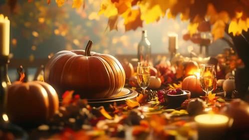 Golden autumn feast table crowned by a harvest pumpkin.