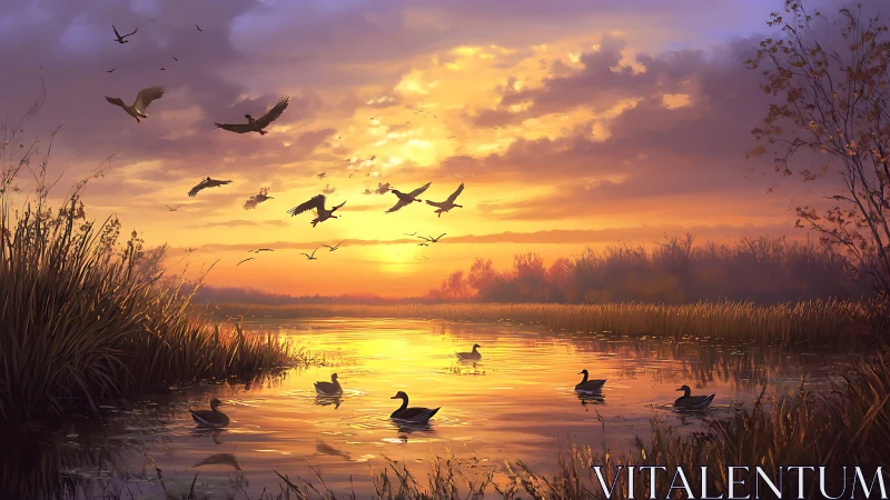 Ducks and dusklight waltz across a glowing marsh mirror.