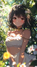 Sunlit garden muse in white dress and dappled blossom glow.