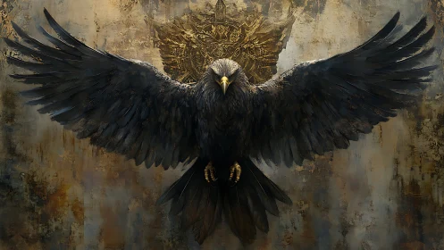 Imperial black eagle with outstretched wings over gilded crest.