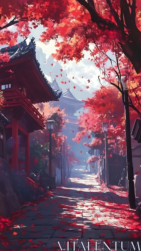 Red maple street leading to distant Japanese temple.