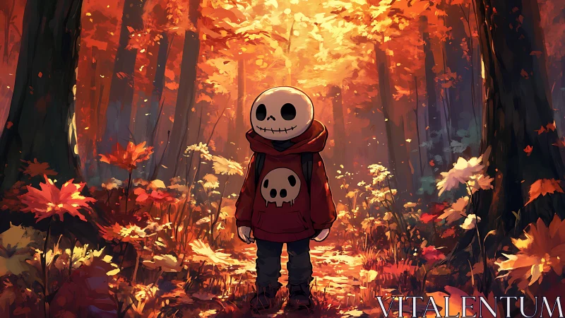 Skeleton-hooded child stands in high-saturation autumn forest light