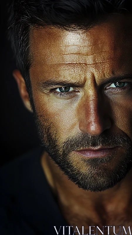 Hyperreal close portrait of bearded male face in hard light