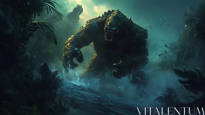 Storm-woken jungle titan stomps through mist and ruin.