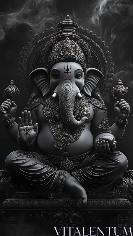Divine elephant‑headed deity in ornate monochrome relief.