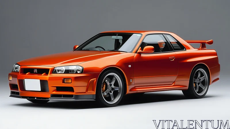 Studio-lit orange sports coupe in side-front three quarter view.