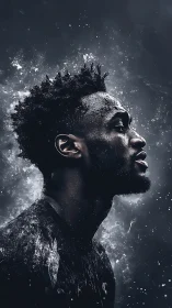 Profile portrait of a wet male subject with particle effects