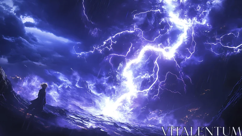 Storm-lit anime warrior confronts colossal violet lightning strike