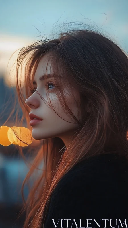 Lateral portrait with bokeh luminance and volumetric dusk lighting.