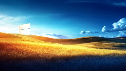 Luminous wheatfield horizon with integrated window emblem motif.