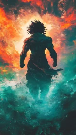 Digital painting of lone warrior in stormfire vortex composition.