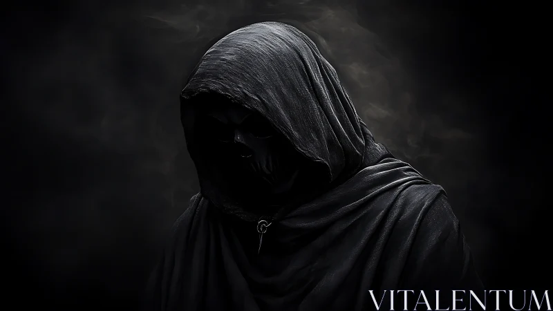 Shrouded reaper leans from the dark, swallowing stray light