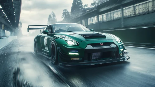 Green GT sports car on wet racetrack under overcast sky.