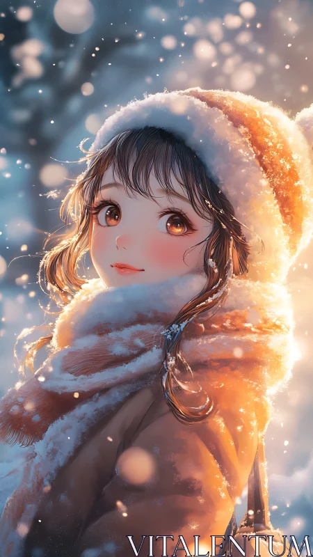 Winter portrait of girl in snow with warm side lighting.