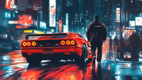 Red sports car and lone figure stand in wet neon city street