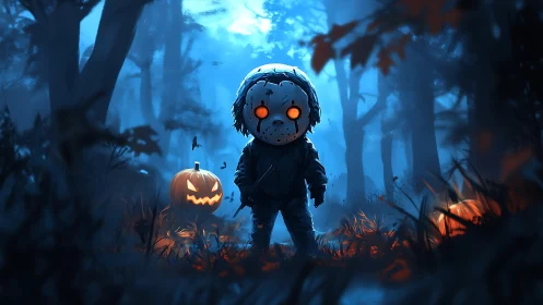 Chibi masked slasher kid stands in eerie blue forest scene.