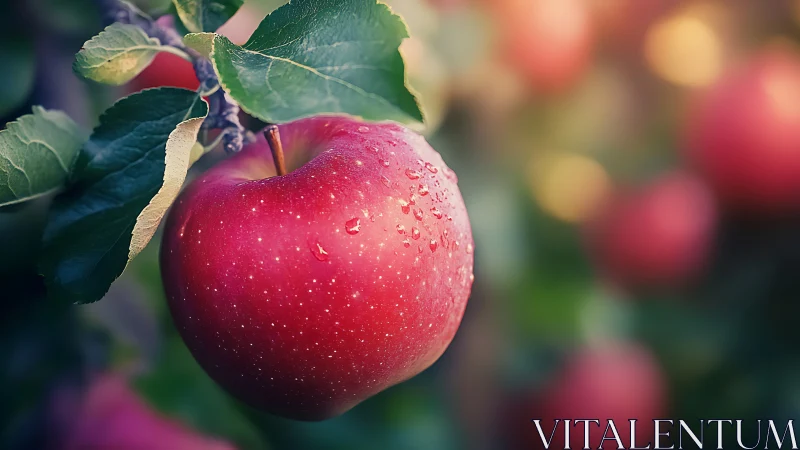 Ripe red apple hangs on branch in softly glowing orchard light