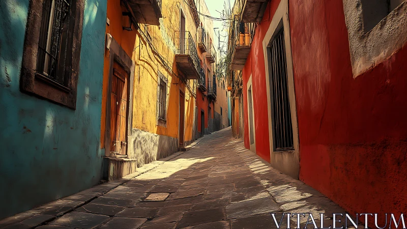 Colorful old town alleyway curves through warm sunlight.