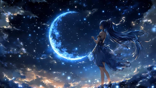 Starry night girl faces glowing crescent moon in sky