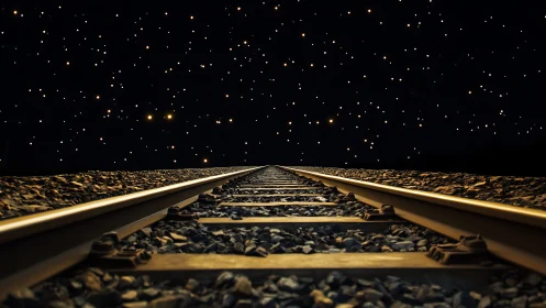 Railway tracks leading into a star filled night sky.