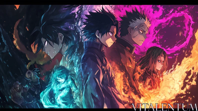 Group of anime figures with contrasting elemental energy fields.