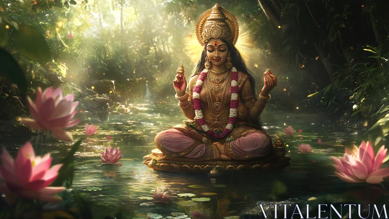 Serene goddess of light meditating on a lotus pond.
