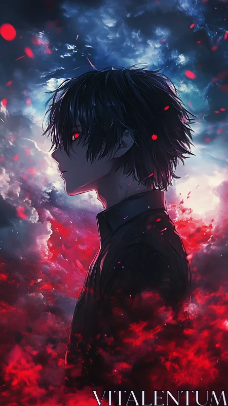 Side-lit anime silhouette with red volumetric nebula and glowing eyes