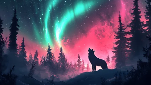 Silhouetted wolf observes aurora gradient over conifer forest