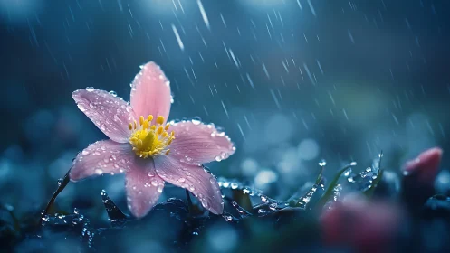Pink anemone flower under rainfall with precise water droplet capture.