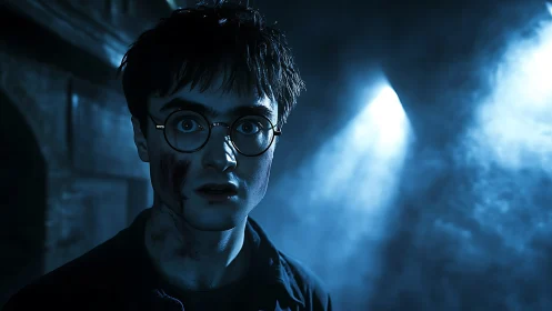 Young wizard in blue-lit corridor, bruised and shocked.