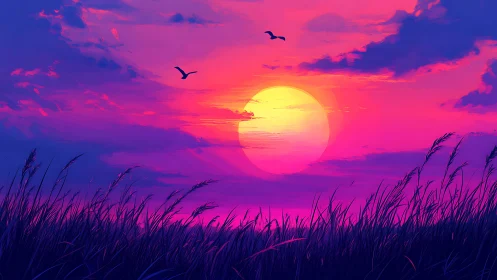 Neon twilight sun melts over dream-tinted coastal reeds.