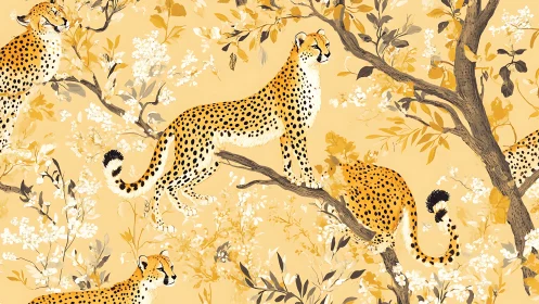 Cheetahs Among Botanical Elements: Golden Savanna Composition