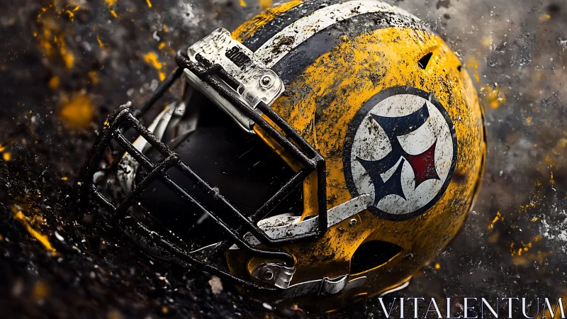 Yellow football helmet with logo lying on muddy ground.