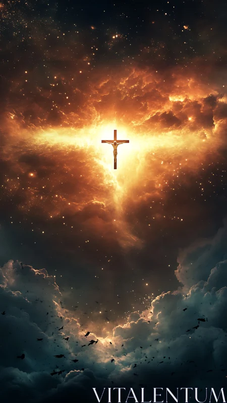 Crucifix silhouette illuminated within radiant cosmic clouds.