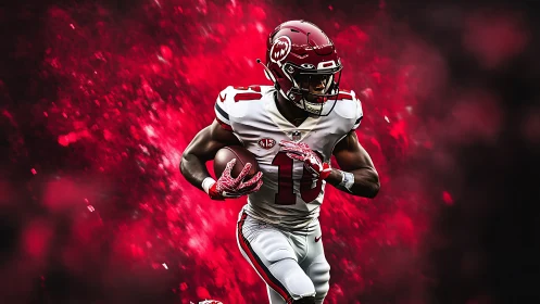 High-velocity gridiron runner in dynamic red particle field.