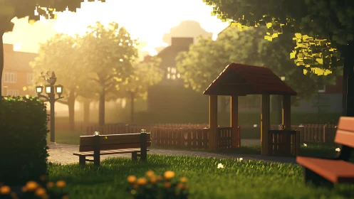 Low poly park scene with benches at warm sunset light.