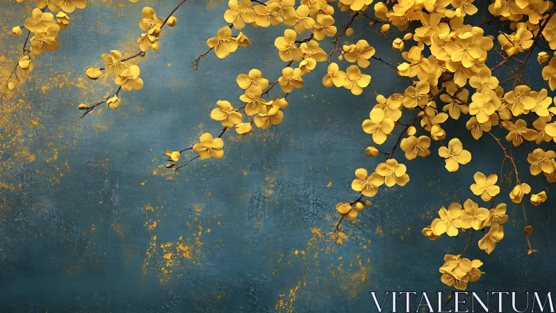 Golden blossoms drift softly across a tranquil teal sky