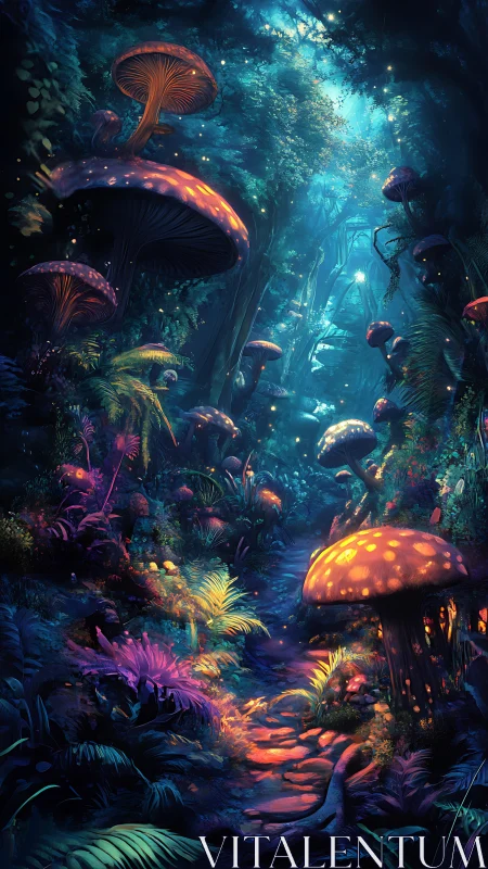 Bioluminescent mushroom forest glows over winding path