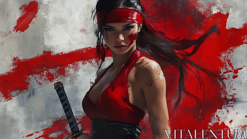 Warrior woman with katana against abstract red backdrop.