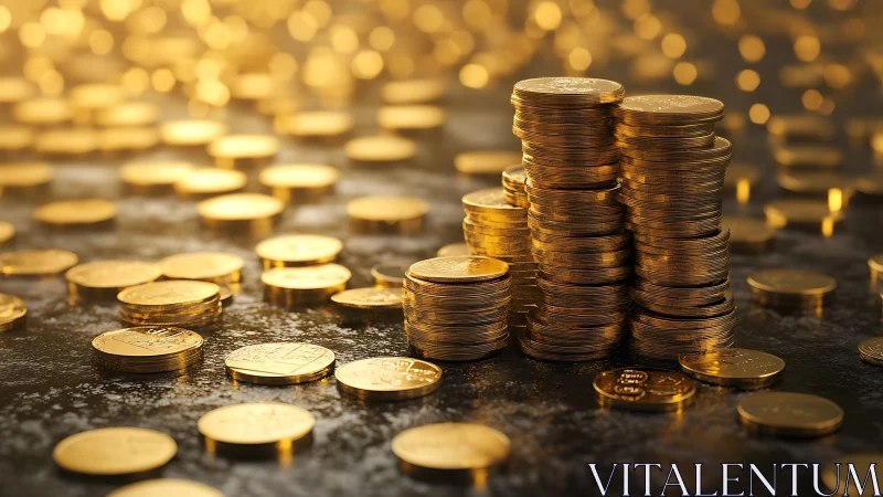 Golden coin stacks under warm cinematic bokeh lighting.